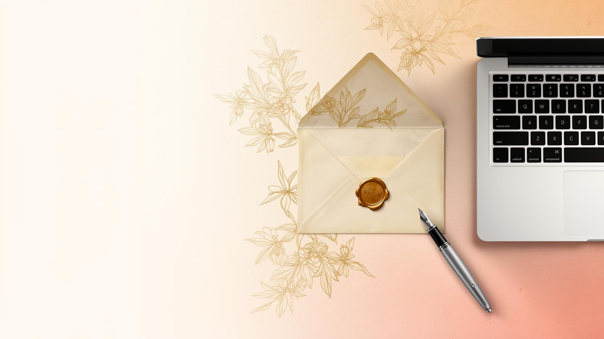 Open envelope with wax seal beside a laptop and fountain pen